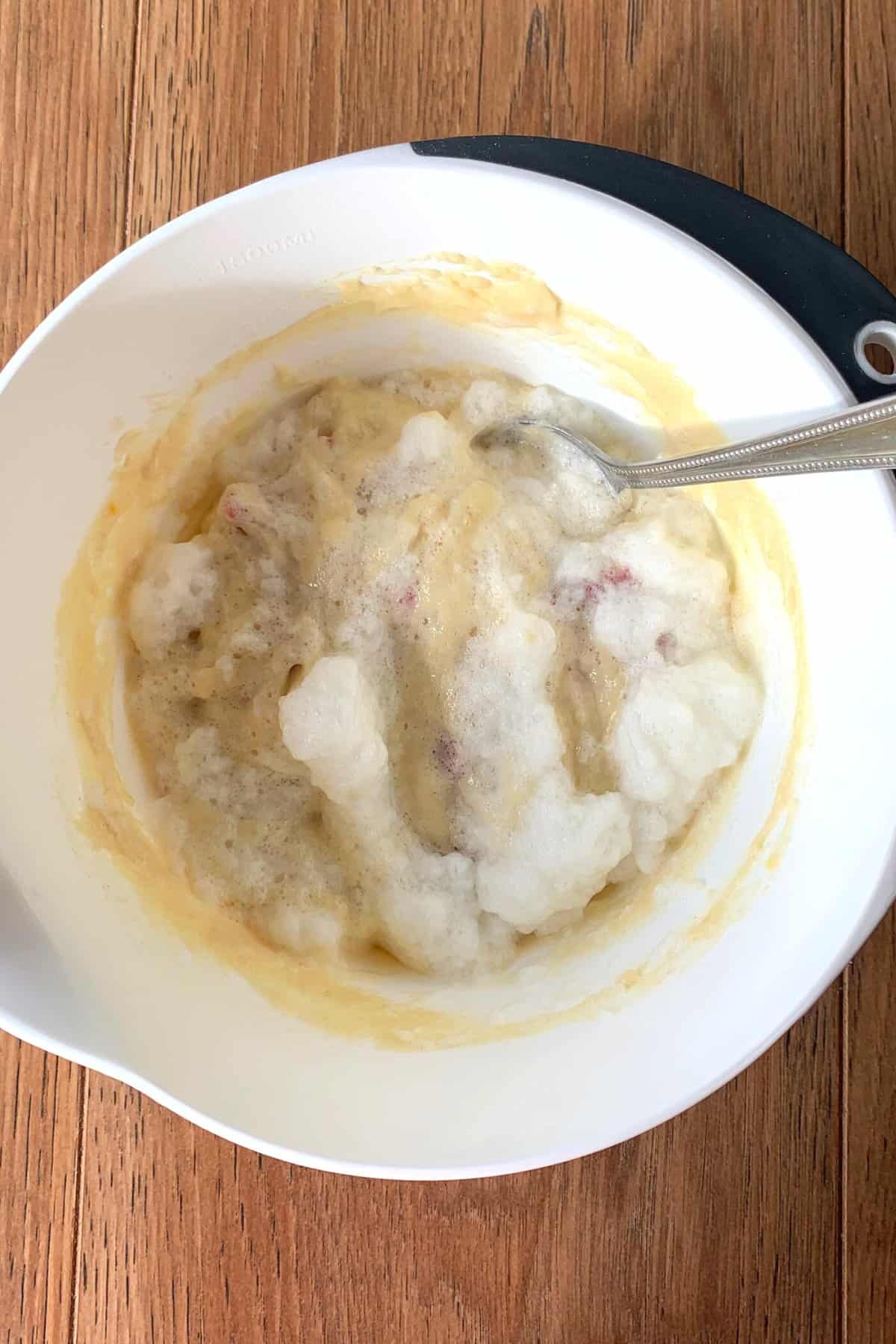 Fluffy Rhubarb Pancakes, folding in egg white Fluffy Rhubarb Pancakes, folding in egg white