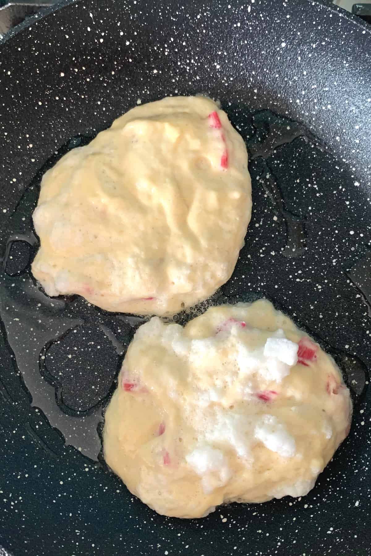 Fluffy Rhubarb Pancakes, in the pan Fluffy Rhubarb Pancakes, in the pan