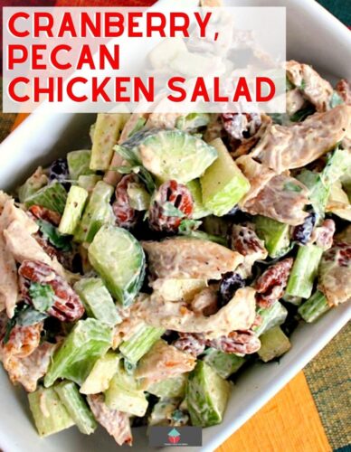 Cranberry Pecan Chicken Salad is an easy recipe. Loaded with pieces of tender chicken, cranberries, crunchy pecans, and sweet apples. It’s great as a sandwich, as a salad, on crackers, and fantastic for parties and potlucks.