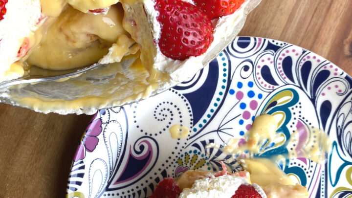 Easy Strawberry and Lemon Trifle, quick simple dessert recipe with layers of fresh strawberries, lemon whipped cream, vanilla pudding and lady’s fingers. Great for parties and holidays