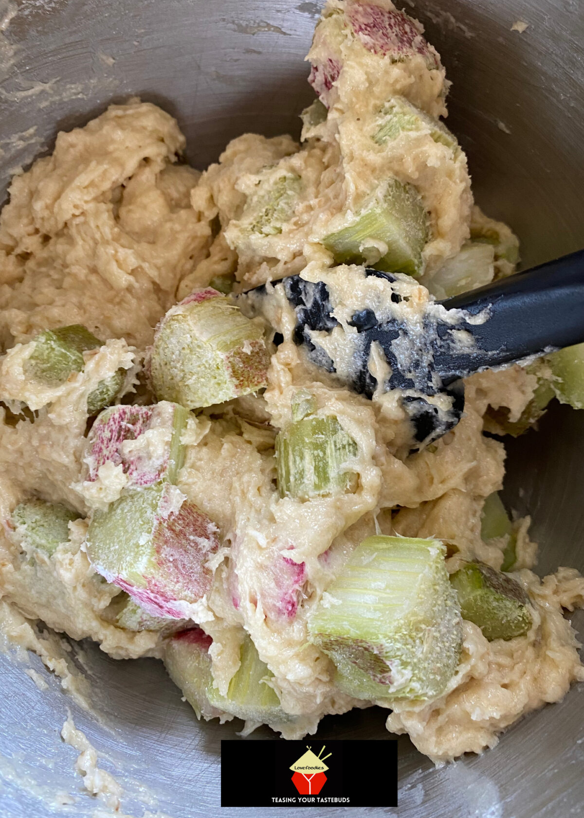 Lazy Daisy Rhubarb Oatmeal Cake, adding rhubarb to cake batter Lazy Daisy Rhubarb Oatmeal Cake, adding rhubarb to cake batter