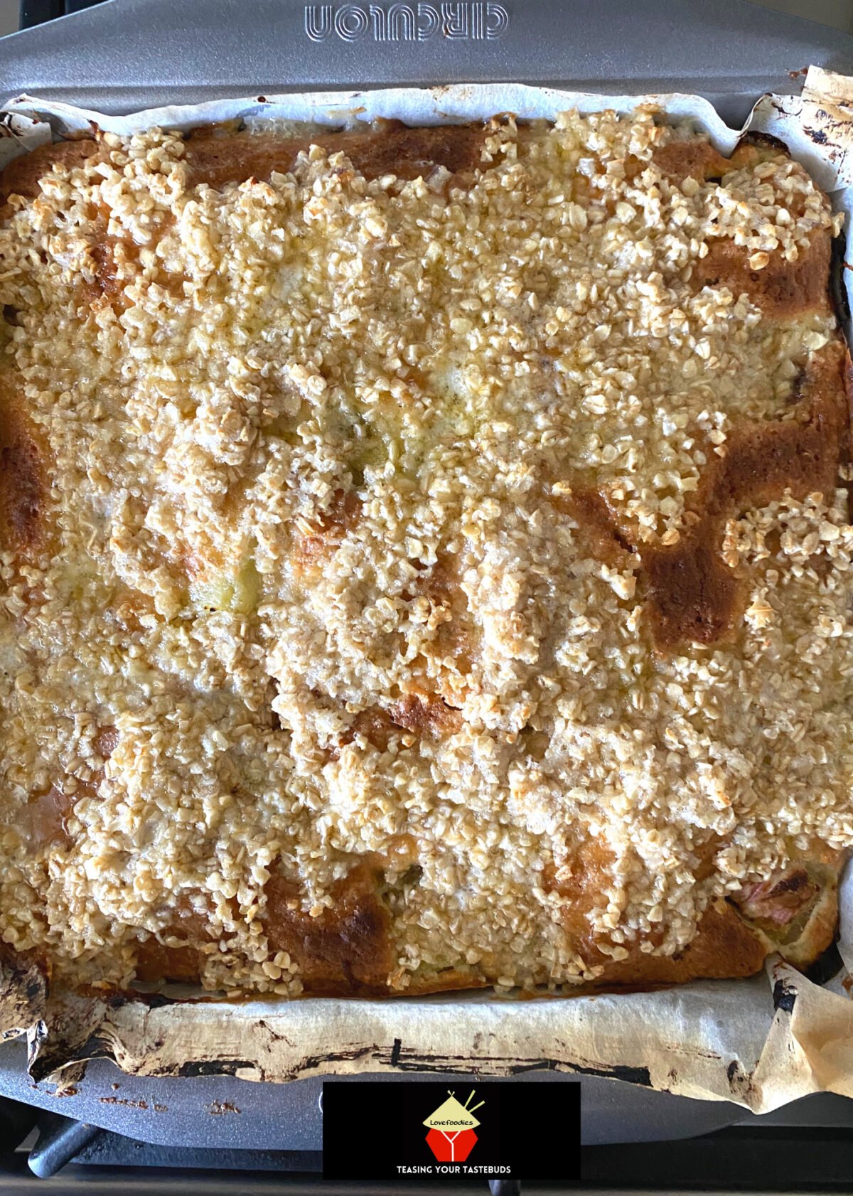Lazy Daisy Rhubarb Oatmeal Cake, topping baked Lazy Daisy Rhubarb Oatmeal Cake, topping baked