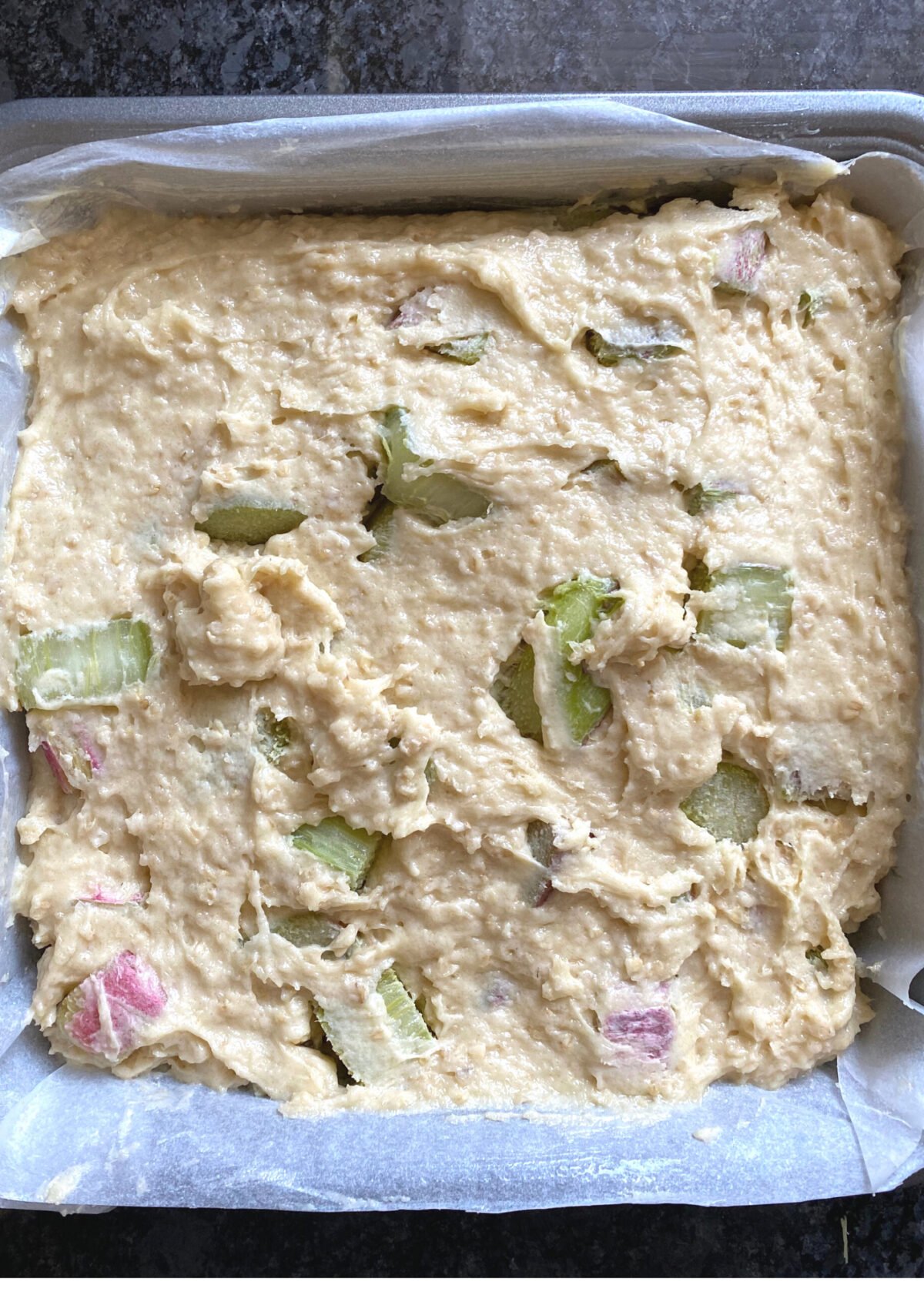 Lazy Daisy Rhubarb Oatmeal Cake, transfer cake batter to pan Lazy Daisy Rhubarb Oatmeal Cake, transfer cake batter to pan