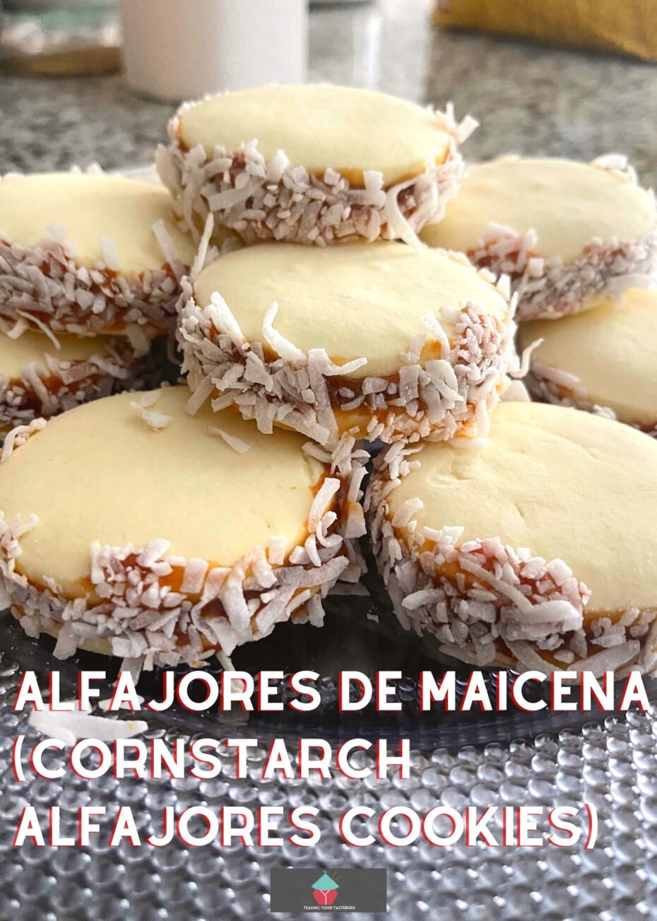 Alfajores De Maicena (cornstarch alfajores cookies) Alfajores De Maicena, delicious melt-in-the-mouth buttery shortbread cookies from Argentina, made with cornstarch and filled with Dulce de Leche then rolled in coconut.