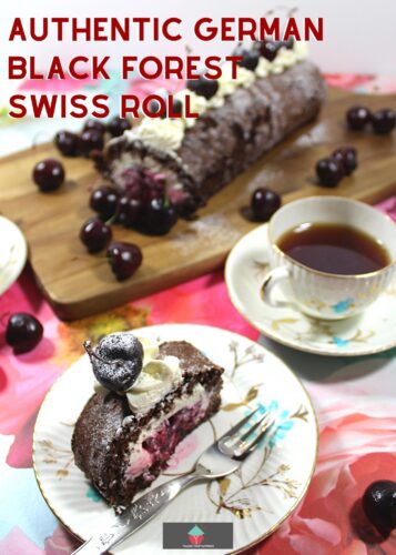Authentic German Black Forest Swiss Roll, Schwarzwalder Kirschtorte is a delicious light sponge cake famous in Germany.  Layers of chocolate cake, black cherries, kirsch and fresh whipped cream in a cake roll. 