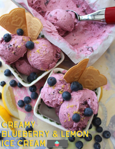 Creamy Blueberry and Lemon Ice Cream is a delicious creamy ice cream using fresh blueberries and a hint of lemon for a refreshing flavour. Instructions for ice cream maker and no churn ice cream