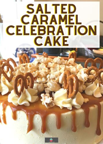 Salted Caramel Celebration Cake is perfect for a party. Homemade layers of soft caramel cake and layers of salted caramel frosting then topped with chocolate covered pretzels and salted caramel popcorn.