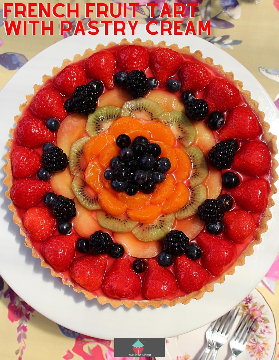 French Fruit Tart With Pastry Cream French Fruit Tart With Pastry Cream is a wonderful homemade sweet French pastry (Pâte Sablée) tart case, filled with silky smooth creme patissiere and then decorated with a variety of fresh fruits. A French patisserie classic dessert and a showstopper for parties!