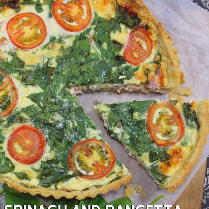 Spinach and Pancetta Quiche Spinach and pancetta quiche is delicious homemade savory flan, with a buttery, crisp pastry case and baked in a cheesy egg filling. A great recipe for lunch, supper, picnics, and parties.