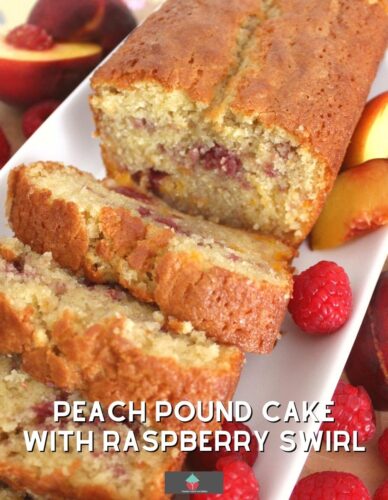 Peach Pound Cake with Raspberry Swirl. A delicious recipe bursting with sweet peaches and a tangy raspberry swirl running through. Soft, moist and perfect with a morning coffee or to take to friends!  If you are a fan of pound cakes and peaches, then this one is for you.