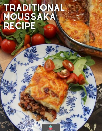 Traditional Moussaka Recipe Traditional moussaka is a classic Greek baked casserole, with layers of seasoned ground meat, potatoes, and eggplant, topped off with a creamy cheese bechamel sauce.