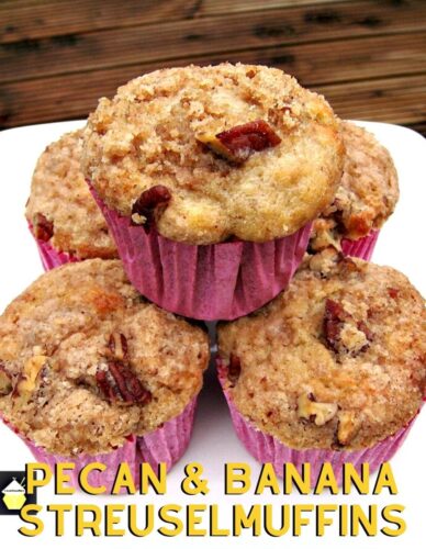 Pecan and Banana Streusel Muffins are wonderful soft, moist and full flavored with a great streusel topping. Also nice as a regular loaf size.