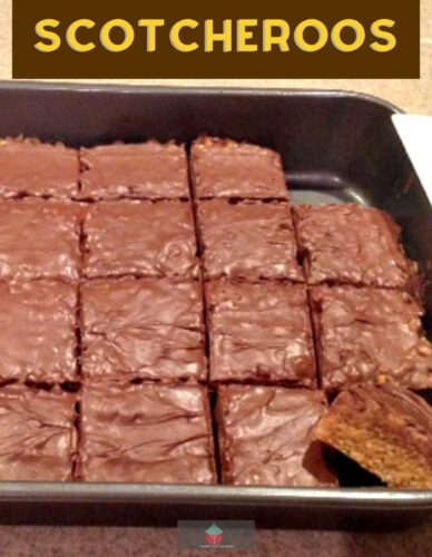 Scotcheroos, an easy no-bake cereal bar similar to rice krispie treats. Peanut butter, chocolate & butterscotch with a chocolate butterscotch topping. A chewy, soft, and crispy treat