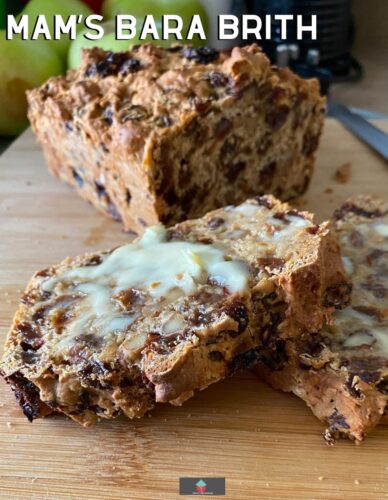 Bara brith is a traditional Welsh tea bread flavored with tea, dried fruits and spices. Often served sliced with a spread of butter. Perfect as a tea time snack.