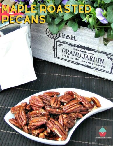 Maple Roasted Pecans. Very quick and easy snack and so addictive! Once you start, you can't stop so be sure to make plenty.