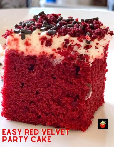Easy Red Velvet Party Cake recipe with a lovely cream cheese frosting. Soft, fluffy and so delicious! Make as a sheet or round cake, you decide! This easy red velvet party cake recipe is a great cake to make for a party or celebration.