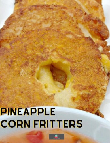 Pineapple Corn Fritters. Delicious savory pineapple corn fritters using creamed corn and cornmeal. Pan fried until crispy golden. Serve as a snack with dipping sauce or as a side dish.
