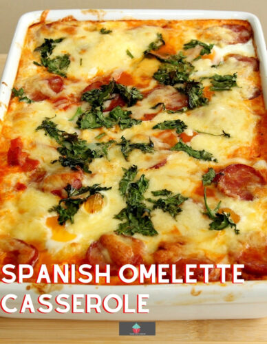 Spanish Omelette Casserole. A very easy and flexible baked casserole with eggs, cheese, potatoes and sausage. Suggestions for you to choose other ingredients to make it just how you like! Great for using up leftover roast dinners like turkey too!