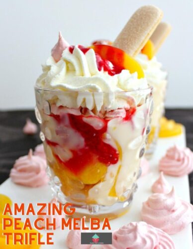 Amazing Peach Melba Trifle! Dreamy layers of Lady Fingers, creamy vanilla pudding, peaches, raspberry sauce, whipped cream and meringue cookies.