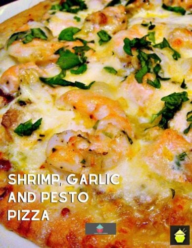 Shrimp, Garlic and Pesto Pizza. The combinations of flavors are absolutely wonderful! Easy to make and great for an easy dinner or to serve at parties.