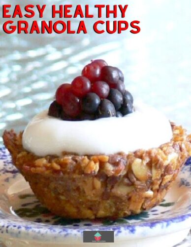 Easy Healthy Granola Cups. A great little treat, perfect for breakfast, dessert or a tea party! Fill with your favorite yogurt and berries. Yummy!