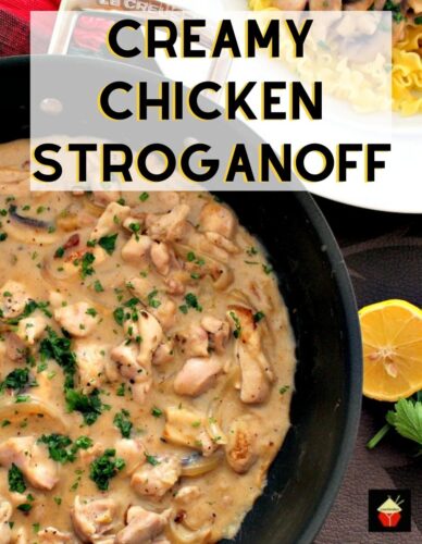 Creamy Chicken Stroganoff is a quick and easy dinner, with delicious strips of chicken and sauteed mushrooms in a creamy sauce using low fat yogurt!