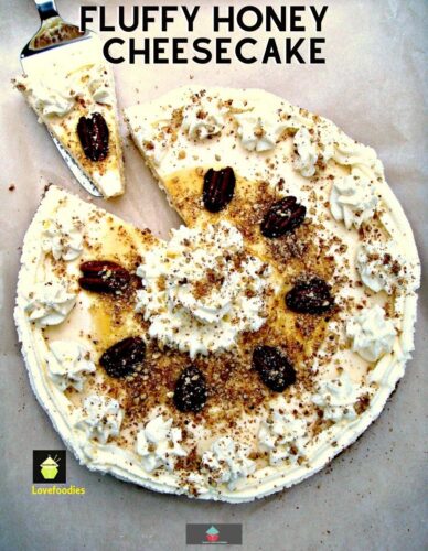 Fluffy Honey Cheesecake. A wonderful soft and dreamy cheesecake topped with Honey roasted pecans too!