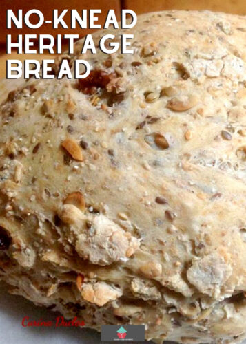 No-Knead Heritage Bread recipe, a lovely soft bread, a mix of white and whole wheat flour, and a variety of seeds. Delicious served warm with a big bowl of soup or simply in slices with a generous spread of butter.