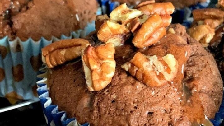Chocolate Banana Muffins With a Caramel Drizzle ToppingH