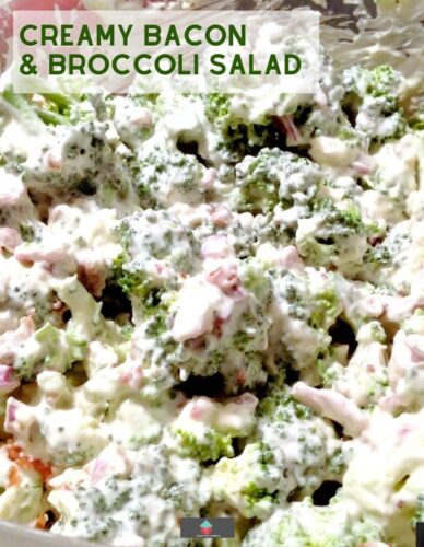 Bacon and Broccoli Salad, an easy recipe using fresh broccoli, crispy bacon and cheese, all combined in a creamy garlic dressing. Ideal as a main or side dish.