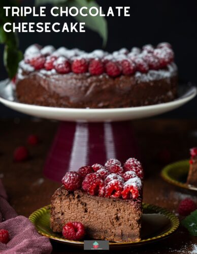 Triple Chocolate Cheesecake, is a delicious baked dessert, rich in chocolate and topped with fresh raspberries. Option for an almond cream cheese frosting too.