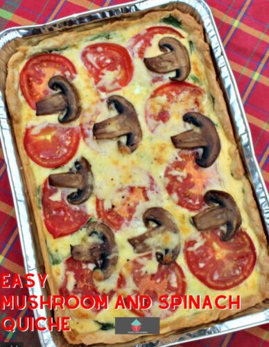 Easy Mushroom and Spinach Quiche, a delicious cheesy egg custard baked in a crisp pastry case. Serve warm or chilled. Ideal for picnics, parties, brunches, and lunches!