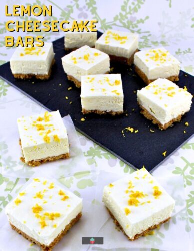 Lemon Cheesecake Bars, a simple no bake recipe with a refreshing lemon flavor. Prep in under 10 minutes for a delicious dessert. Perfect for Easter and Summertime