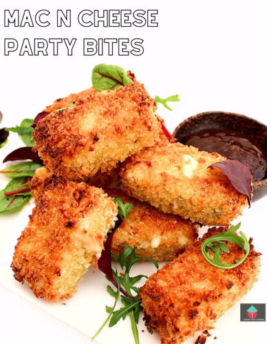 Mac N Cheese Party Bites are great snacks, perfect for parties. No frying either! Macaroni, cheese, bacon, and crabmeat baked in delicious panko breadcrumbs.