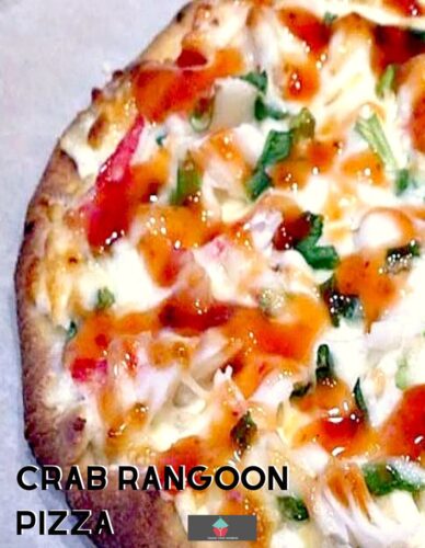 Crab Rangoon Pizza. A quick & easy pizza recipe using flatbreads with delicious crabmeat, sweet and sour sauce, cream cheese, and mozzarella cheese topping.