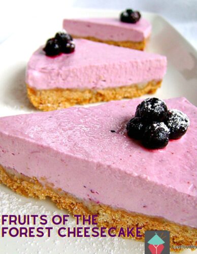 Fruits of The Forest Cheesecake, a wonderful no bake creamy fruity cheesecake on a crispy buttery cookie base. Use fresh or frozen berries for this easy recipe