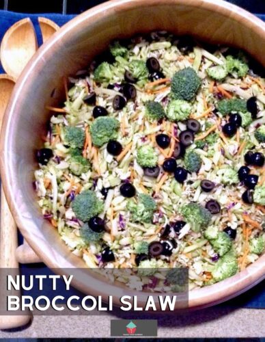 Nutty Broccoli Slaw, quick, simple salad with broccoli, ramen noodles, olives, sunflower seeds and almonds, coated in a delicious cider vinegar dressing.