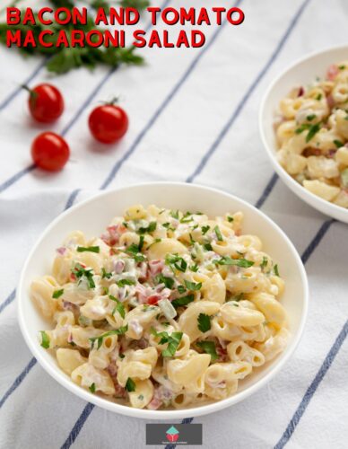 Bacon and Tomato Macaroni Salad, an easy pasta salad recipe using bacon, tomato, celery and macaroni with a simple mayonnaise dressing. An ideal pasta side dish.