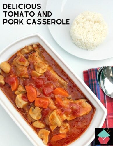 Delicious Tomato and Pork Casserole, tender pork, carrots, and mushrooms in a fresh tomato sauce, all cooked in one pan on the stovetop, multicooker or oven.