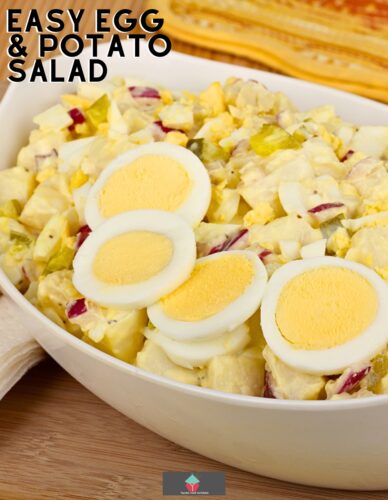 Easy Egg and Potato Salad, a delicious creamy salad using eggs, potatoes, celery, onion mustard and mayonnaise. Ideal for potlucks, BBQ's and parties!