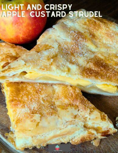 Light and Crispy Apple and Custard Strudel is delicious layers of crispy flaky pastry filled with creamy custard and apples. Serve warm & add a blob of whipped cream!