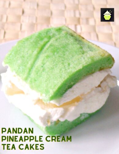 Pandan Pineapple Cream Tea Cakes. These are a lovely soft chiffon cake filled with fresh whipped cream and pineapple pieces. Always perfect for a tea party! You can also swap the Pandan for any flavor you like!