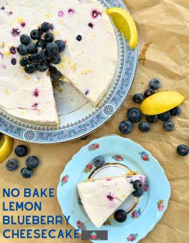 Lemon Blueberry Cheesecake is a delicious dessert with fresh blueberries and a tangy, creamy lemon cheesecake filling on a crunchy cookie base. An easy no bake dessert.