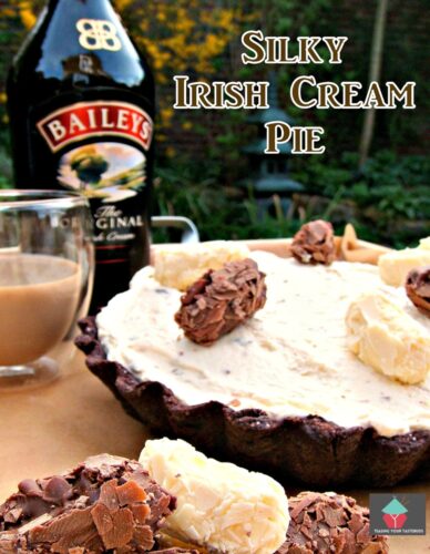 Silky Irish Cream Pie. A delicious no bake chocolate and Irish Cream cheesecake filling inside a chocolate pie crust. A perfect dessert for St Patrick's Day!