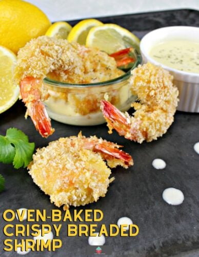 These oven-baked crispy breaded shrimp are whole shrimp coated in panko breadbrumbs & baked to give succulent juicy shrimp with a crispy coating. Great for parties!