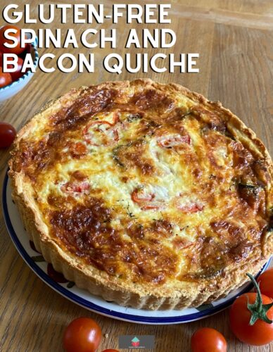 Gluten-Free Spinach and Bacon Quiche. Gluten - Free Spinach and bacon quiche is delicious homemade savory flan,with a buttery, crisp gluten- free pastry case,baked in a cheesy egg filling with spinach, mushrooms, and bacon.