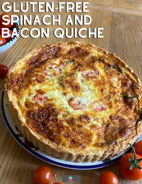 Gluten-Free Spinach and Bacon Quiche Gluten-Free Spinach and Bacon Quiche. Gluten - Free Spinach and bacon quiche is delicious homemade savory flan,with a buttery, crisp gluten- free pastry case,baked in a cheesy egg filling with spinach, mushrooms, and bacon.