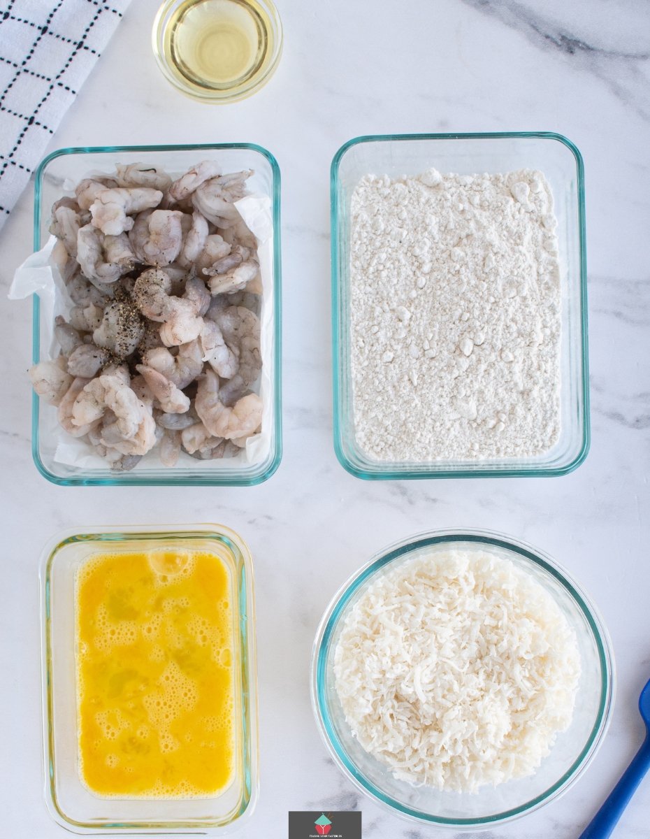 Air Fryer Coconut Shrimp Air Fryer Coconut Shrimp, showing coating station