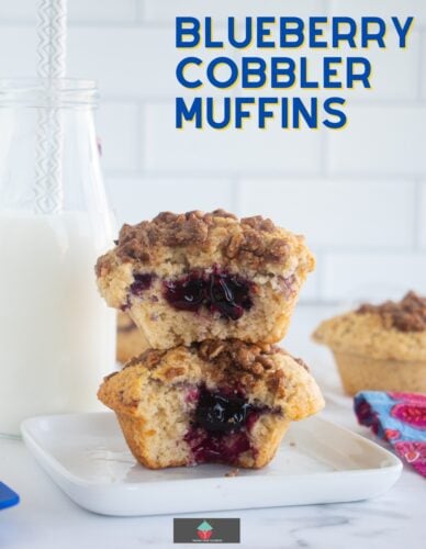Blueberry Cobbler Muffins, deliciously soft and tender, flavored with a hint of cinnamon and topped with a blueberry cobbler topping. A great breakfast muffin or snack.