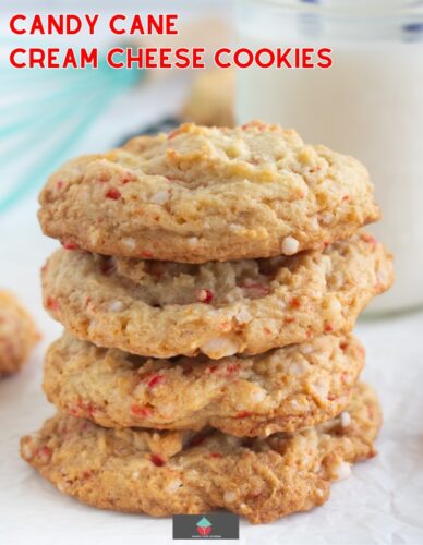 Candy Cane Cream Cheese Cookies are perfect for Christmas. Soft and chewy cookies sprinkled with candy cane bits throughout. Easy Christmas cookie recipe and great for cookie trays.